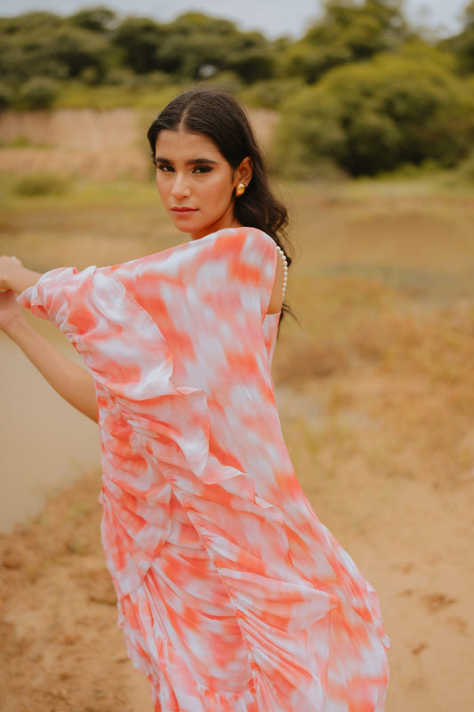Nubra Peach Printed Ruffle Saree Set