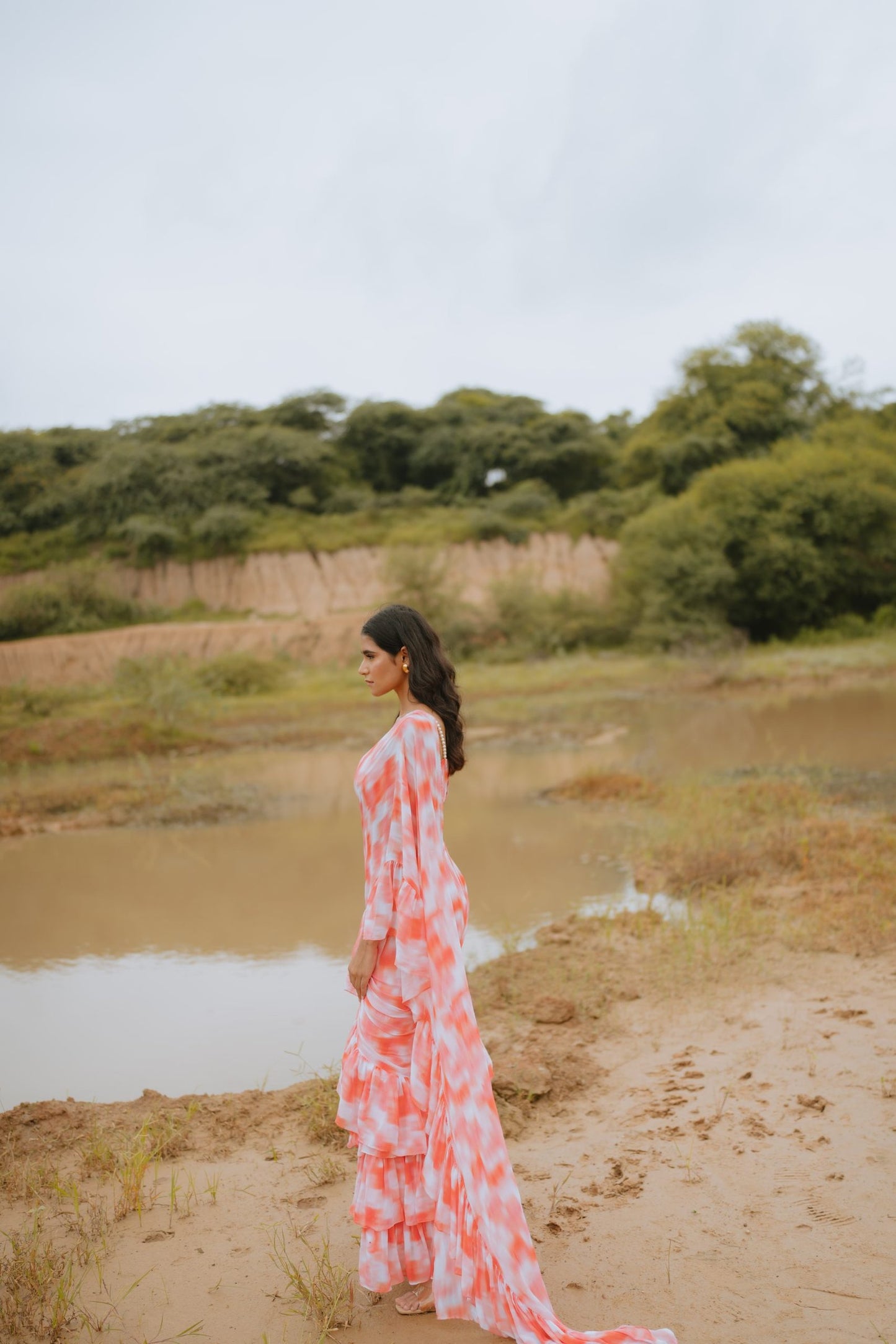 Nubra Peach Printed Ruffle Saree Set