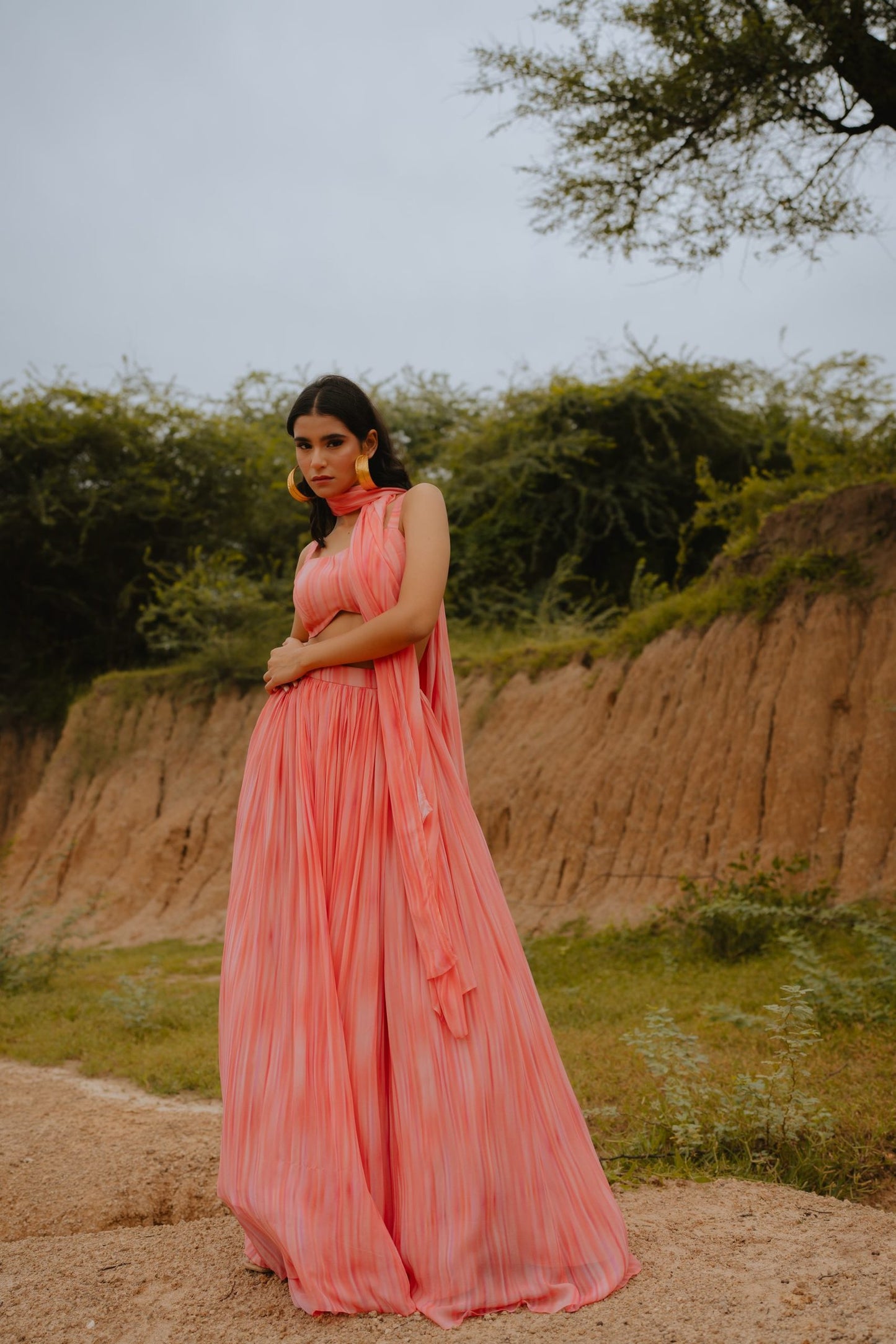 Keya Peach Printed Lehenga Set with Cape