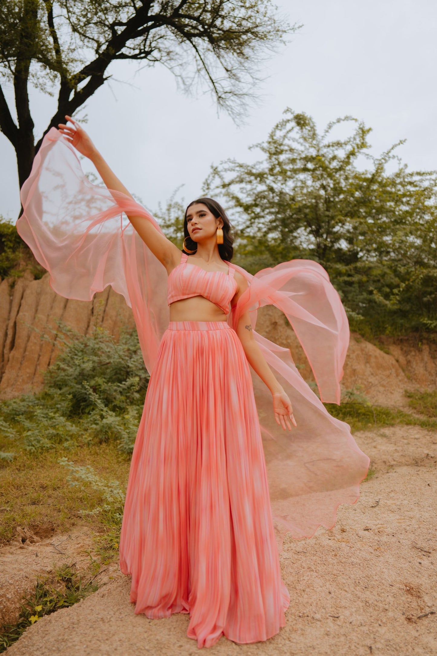 Keya Peach Printed Lehenga Set with Cape