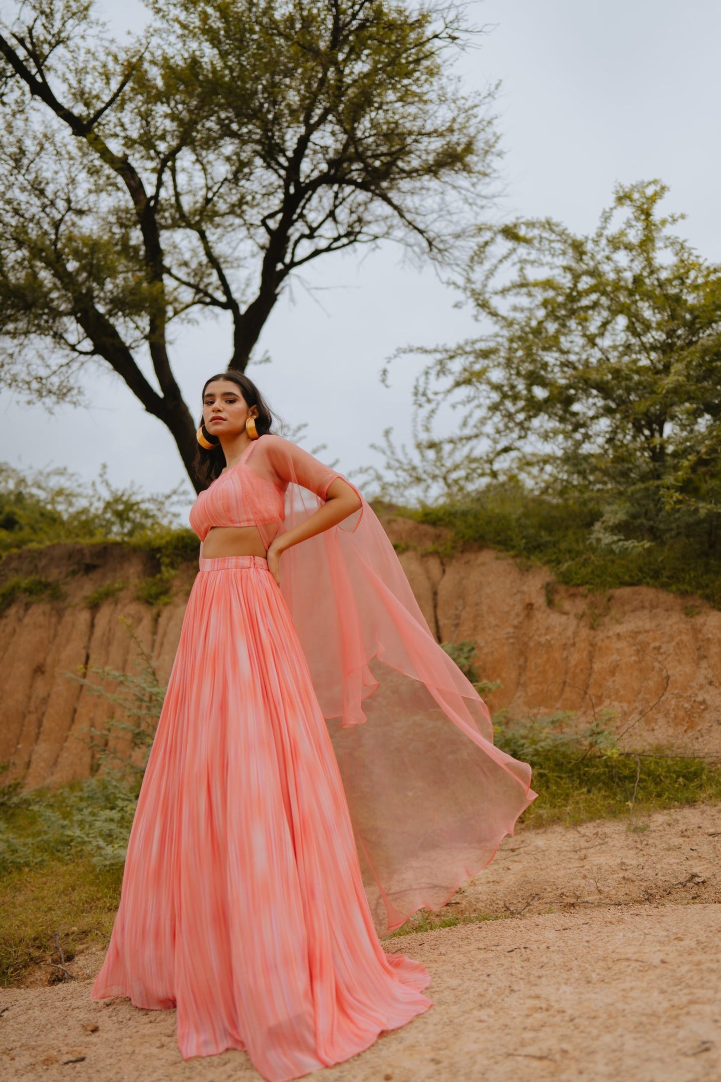 Keya Peach Printed Lehenga Set with Cape