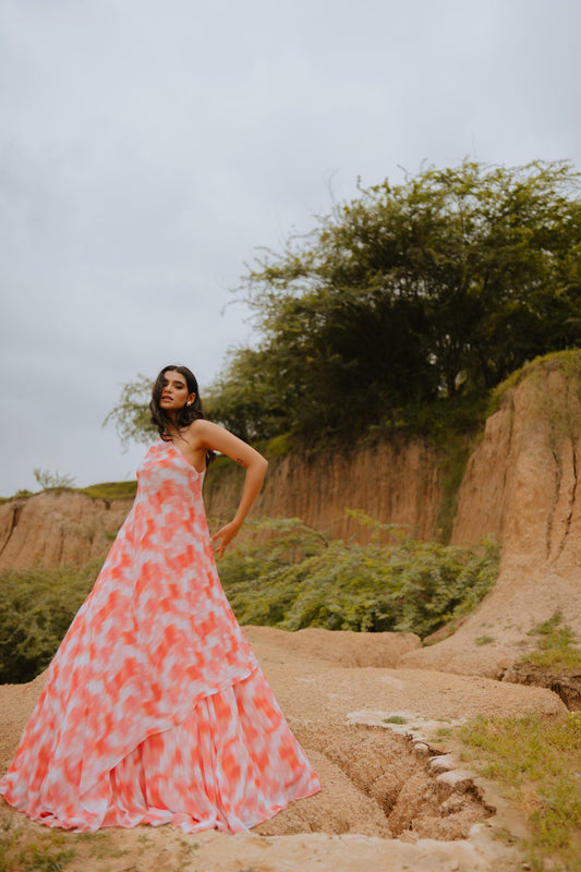 Petra Peach Lehenga Set with Off Shoulder Cape