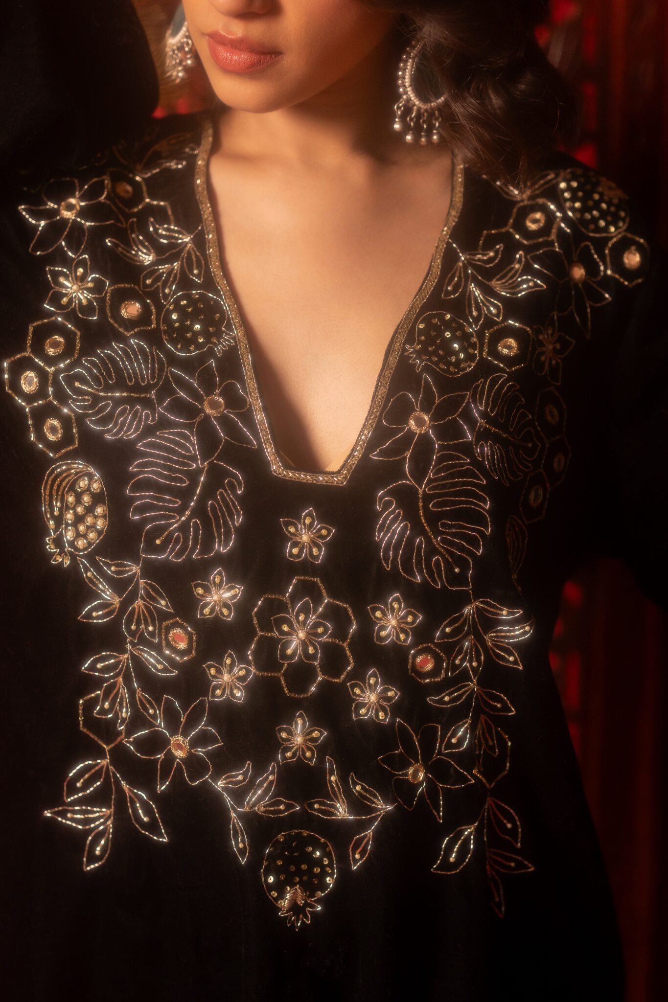 Black Silk Velvet Hand Embroidered Kurta Set