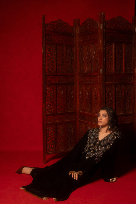 Black Silk Velvet Hand Embroidered Kurta Set