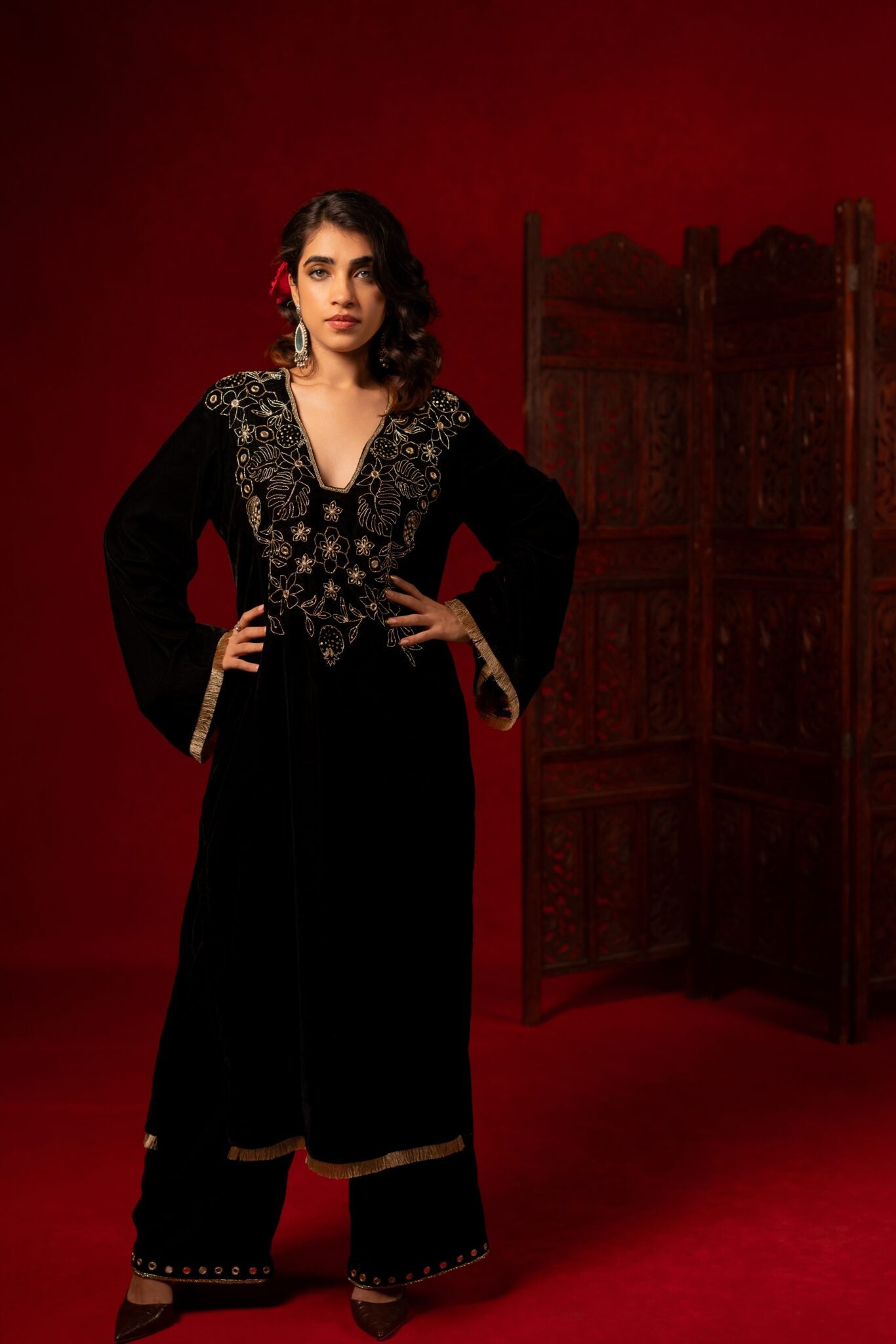 Black Silk Velvet Hand Embroidered Kurta Set