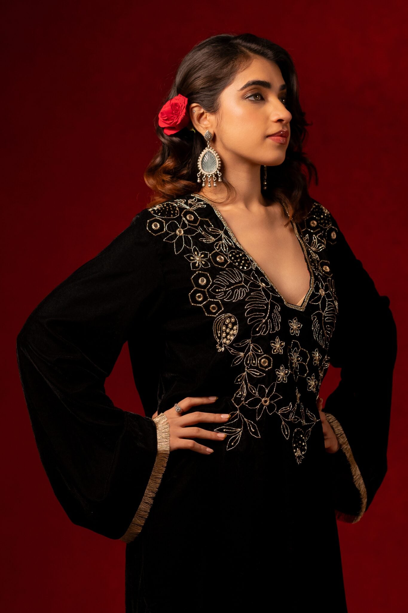 Black Silk Velvet Hand Embroidered Kurta Set
