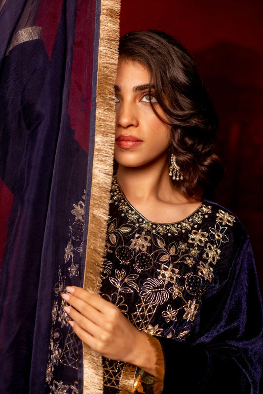 Navy Blue Silk Velvet Hand Embroidered Kurta Set.