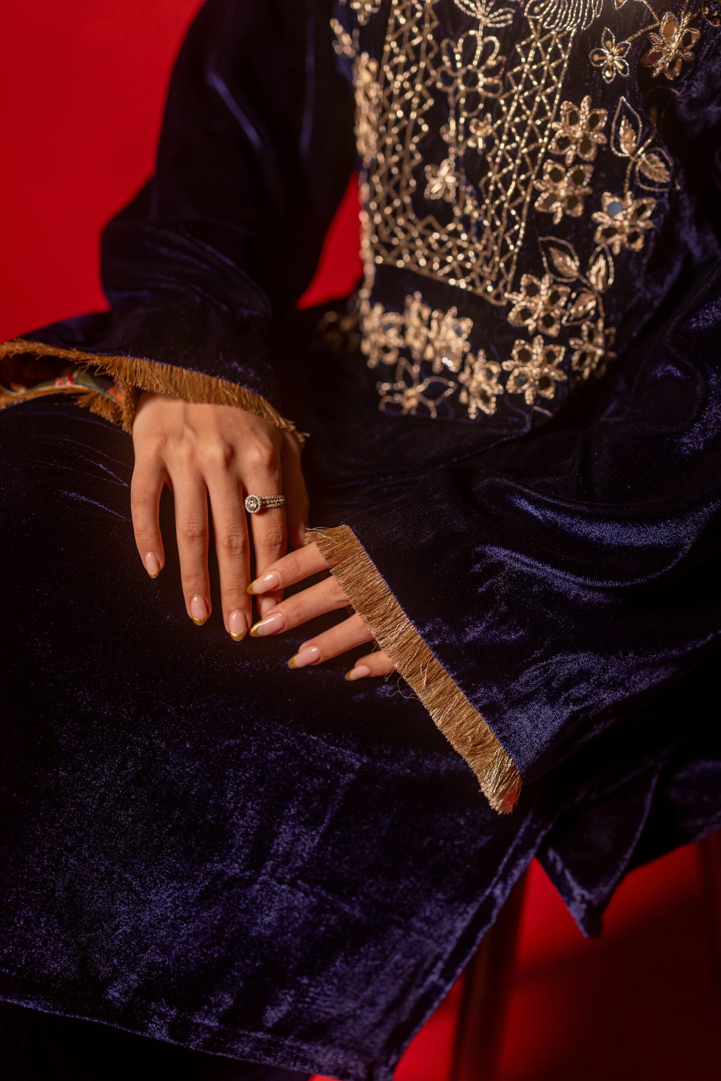 Navy Blue Silk Velvet Hand Embroidered Kurta Set.