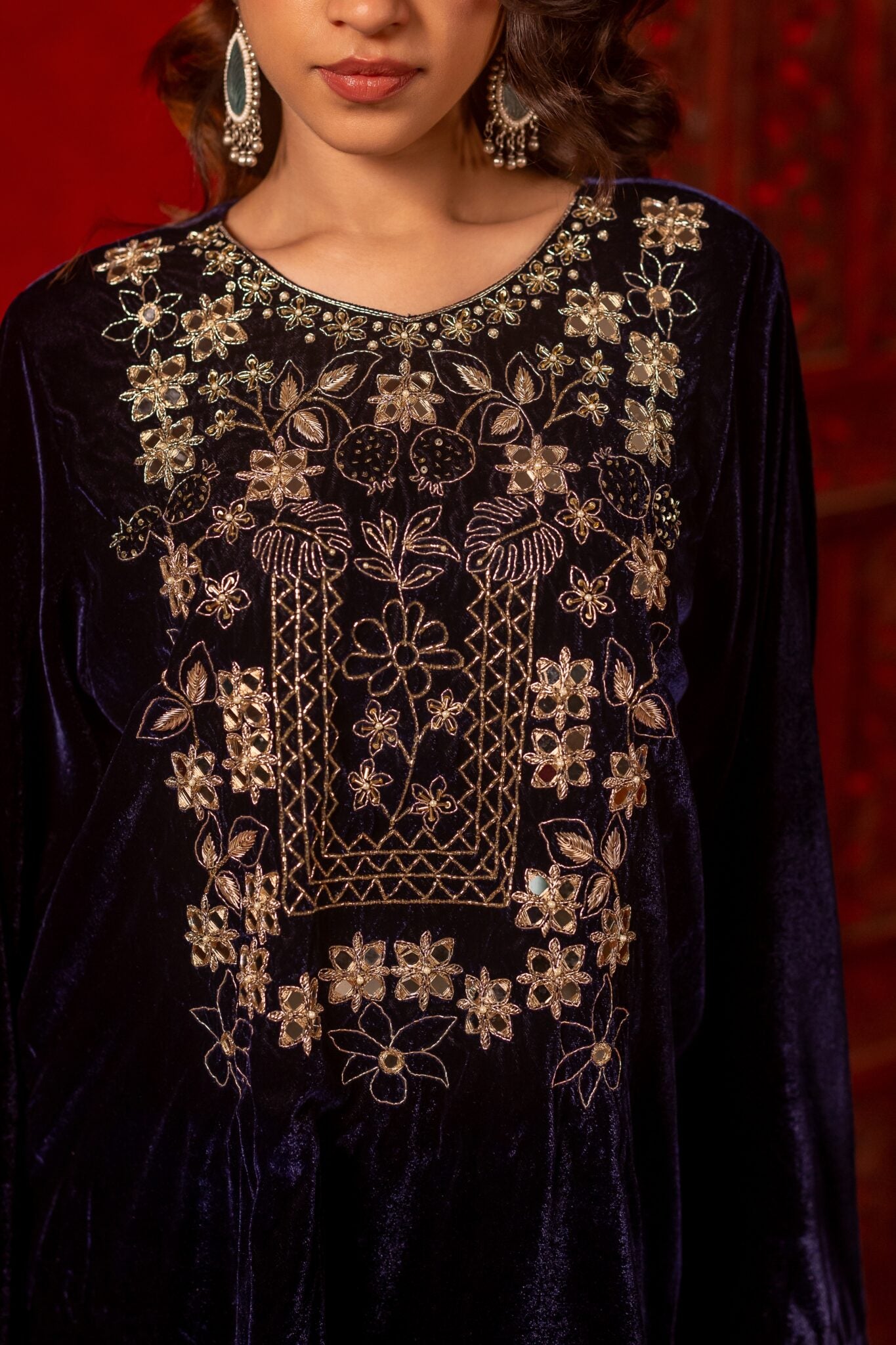 Navy Blue Silk Velvet Hand Embroidered Kurta Set.