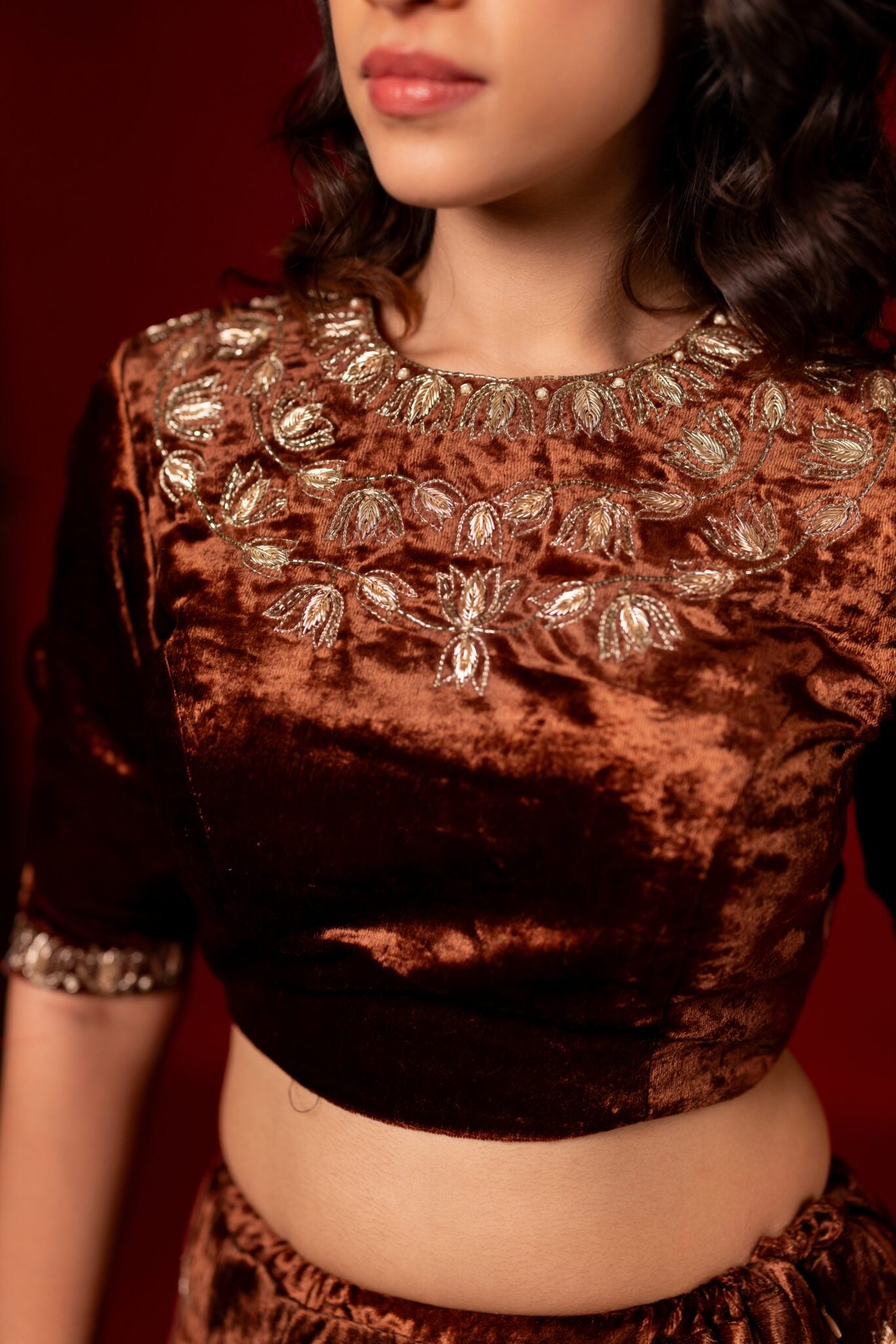 Brown velvet hand embroidered lehenga set