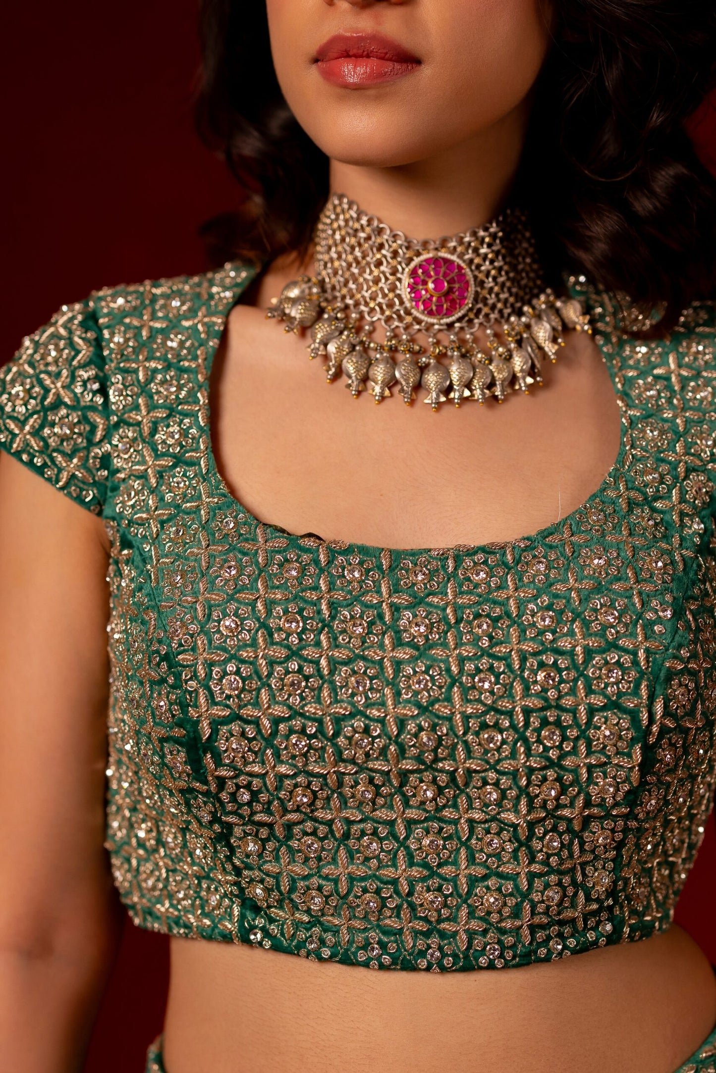 Emerald green velvet hand embroidered lehenga set