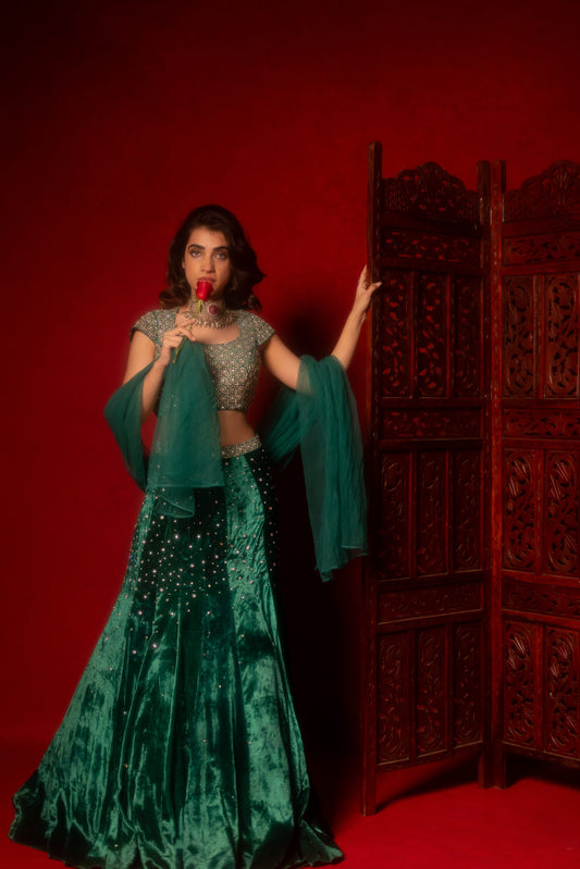 Emerald green velvet hand embroidered lehenga set