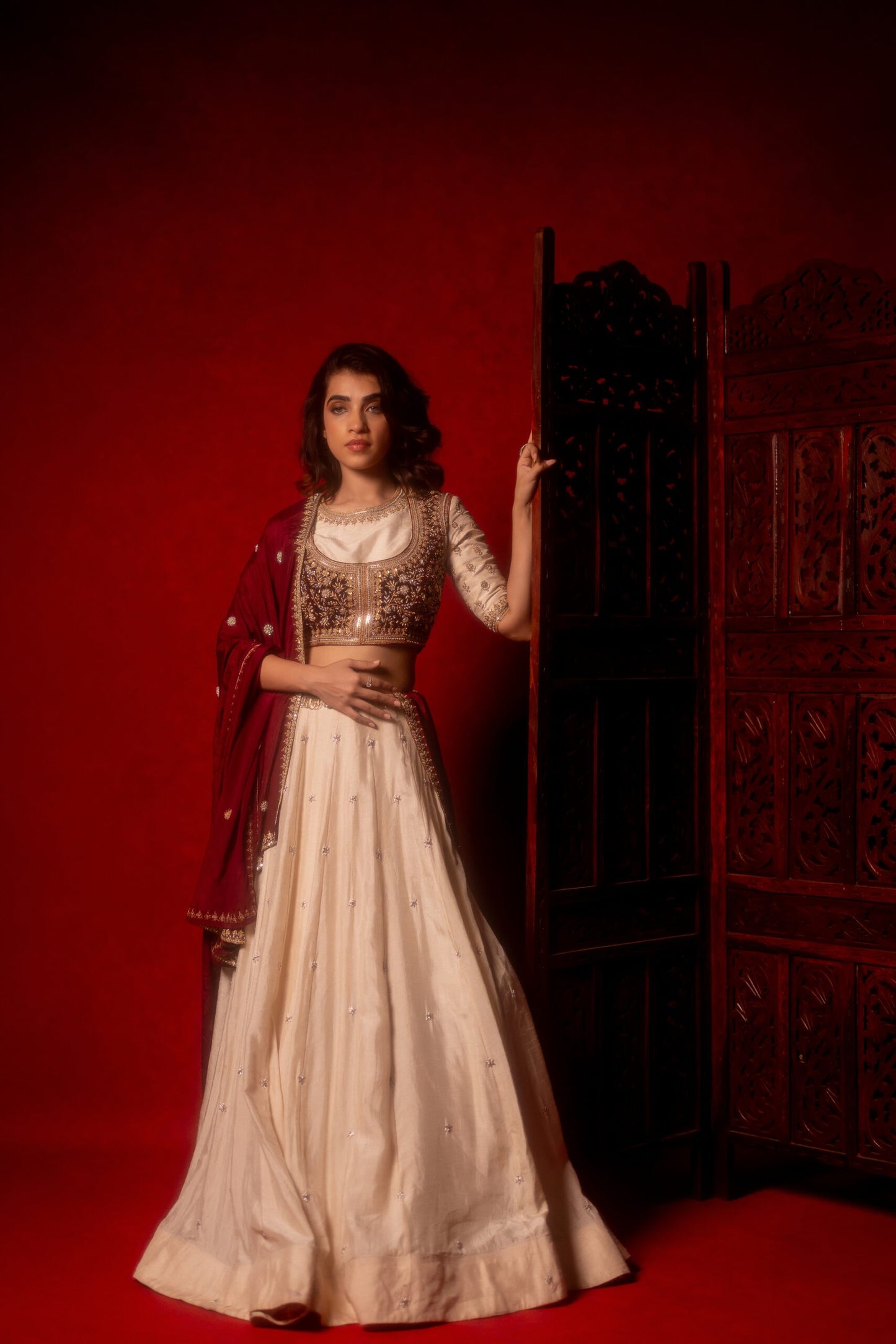 Ivory dola silk hand embroidered lehenga set