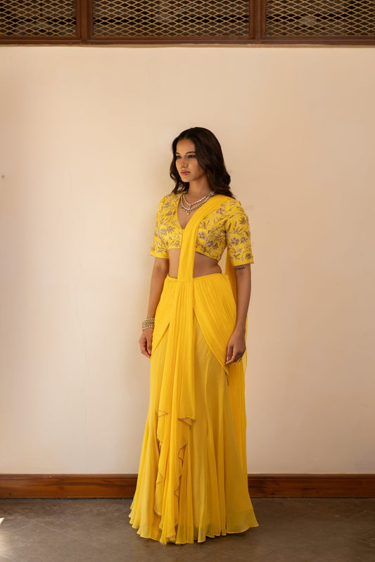 Falguni Spring Yellow Pre-Draped Embroidered Saree Set