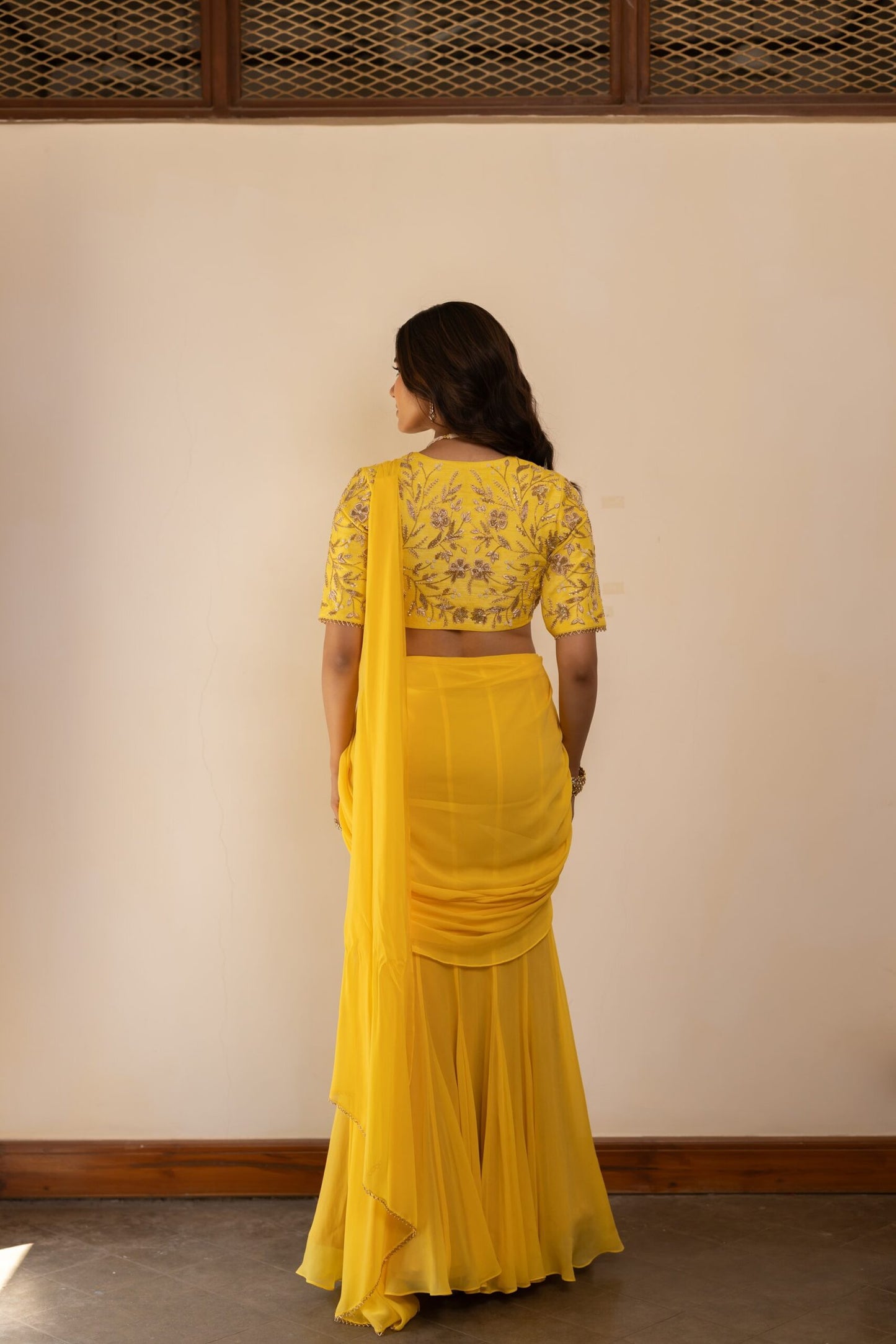 Falguni Spring Yellow Pre-Draped Embroidered Saree Set