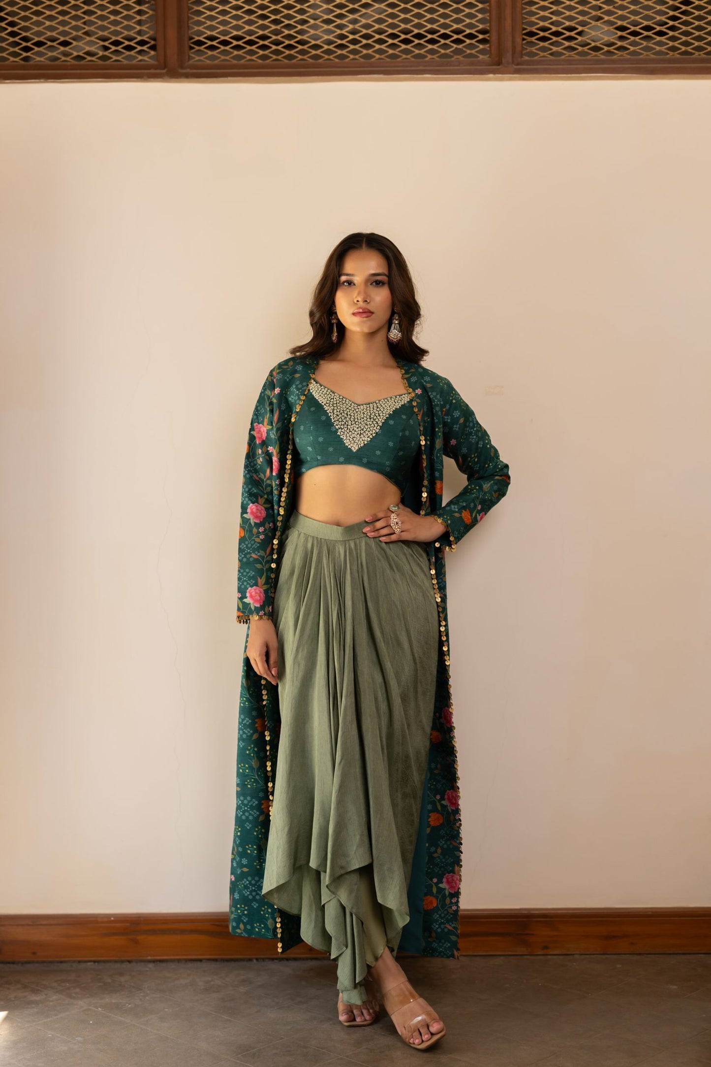 Mira Sage Green Drape Skirt With Printed Jacket