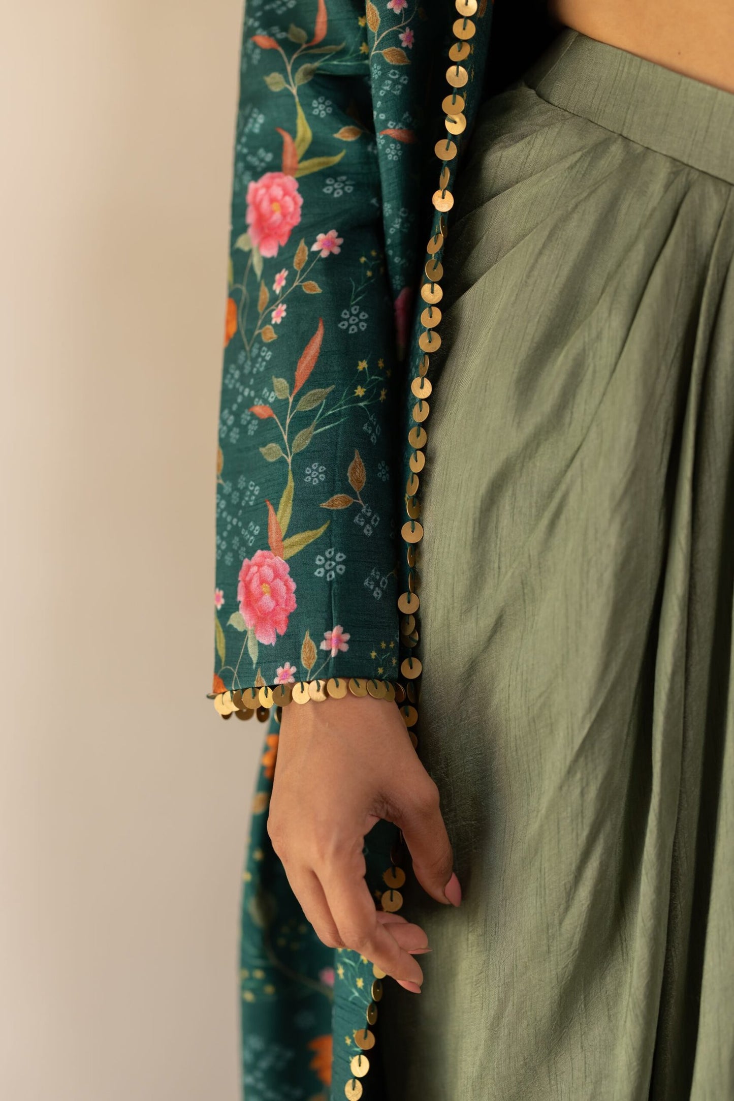 Mira Sage Green Drape Skirt With Printed Jacket