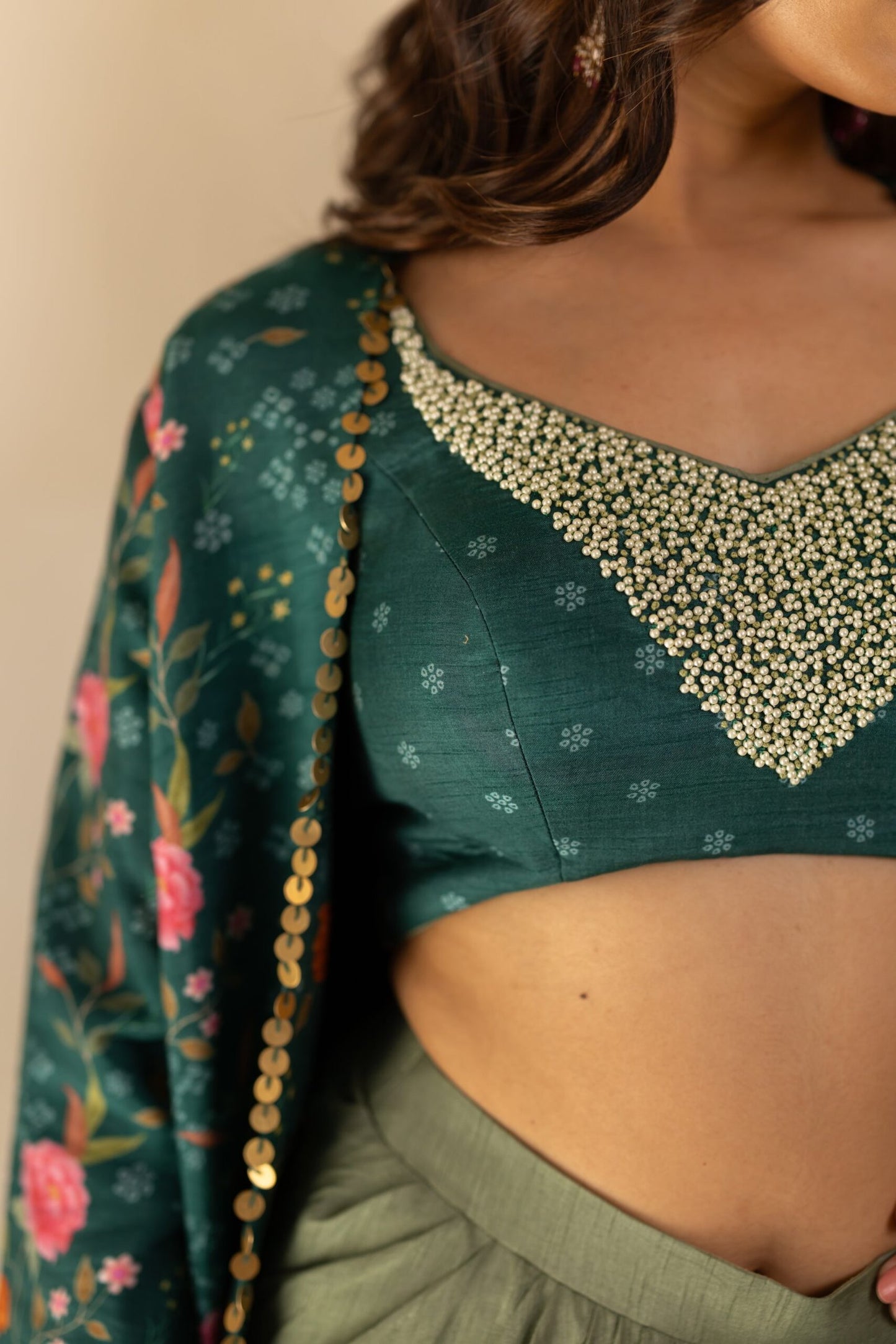 Mira Sage Green Drape Skirt With Printed Jacket