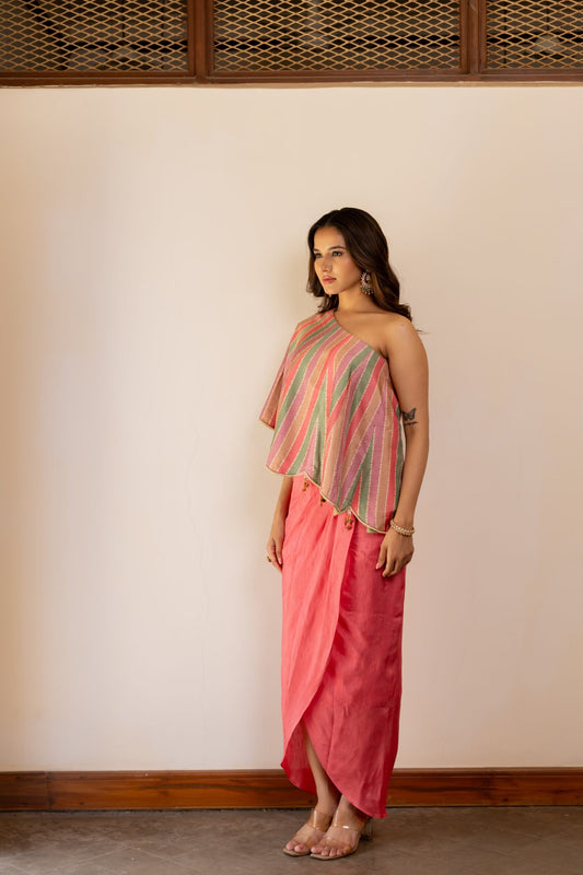Fiza Coral Pink Tulip Drape Skirt with One Shoulder Top