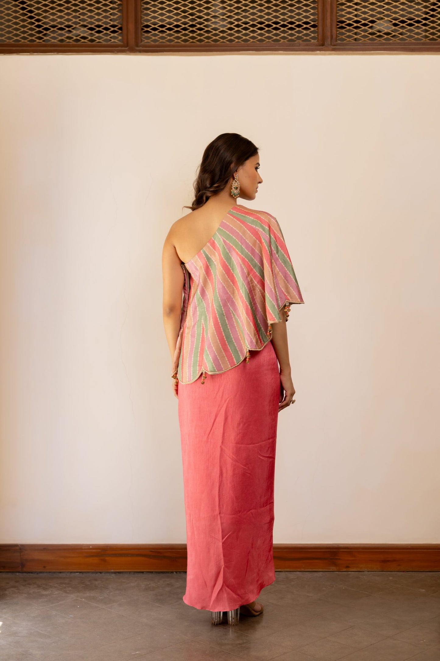 Fiza Coral Pink Tulip Drape Skirt with One Shoulder Top
