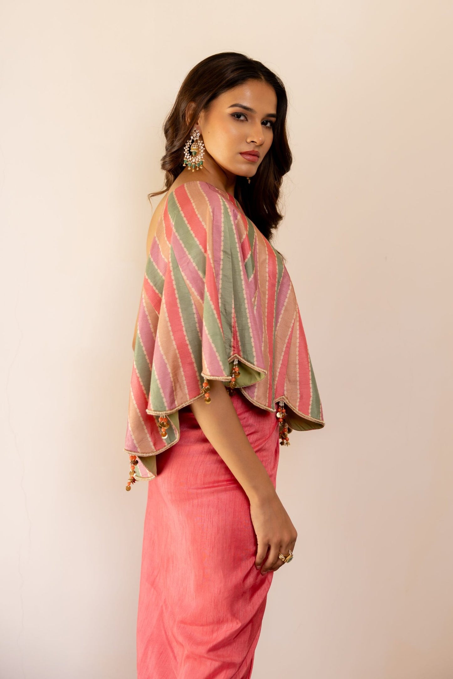 Fiza Coral Pink Tulip Drape Skirt with One Shoulder Top