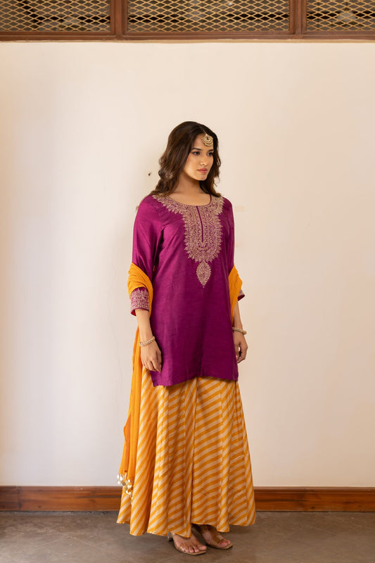 Aria Purple & Yellow embroidered kurta with printed gharara Set