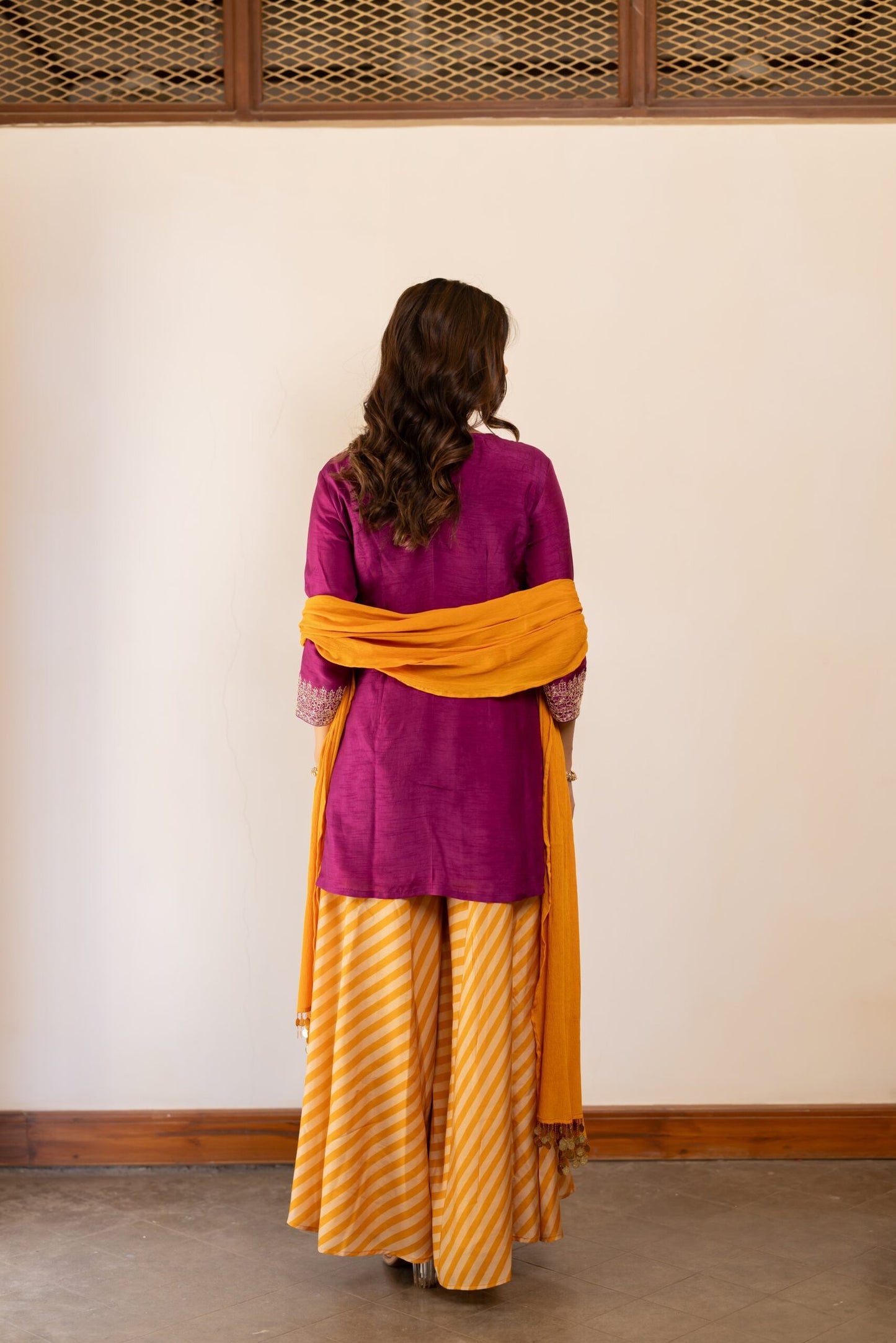 Aria Purple & Yellow embroidered kurta with printed gharara Set