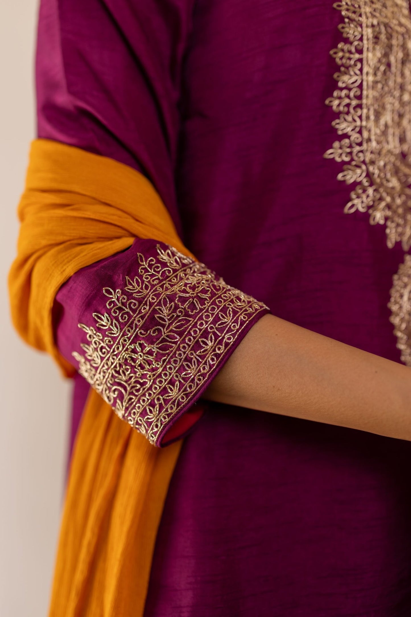Aria Purple & Yellow embroidered kurta with printed gharara Set