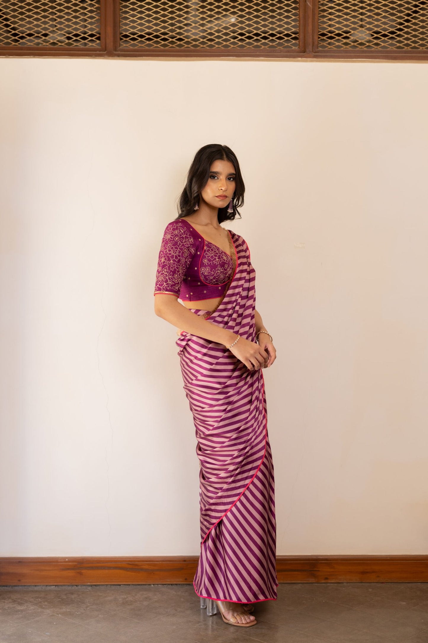 Mahi Purple Striped Saree Set