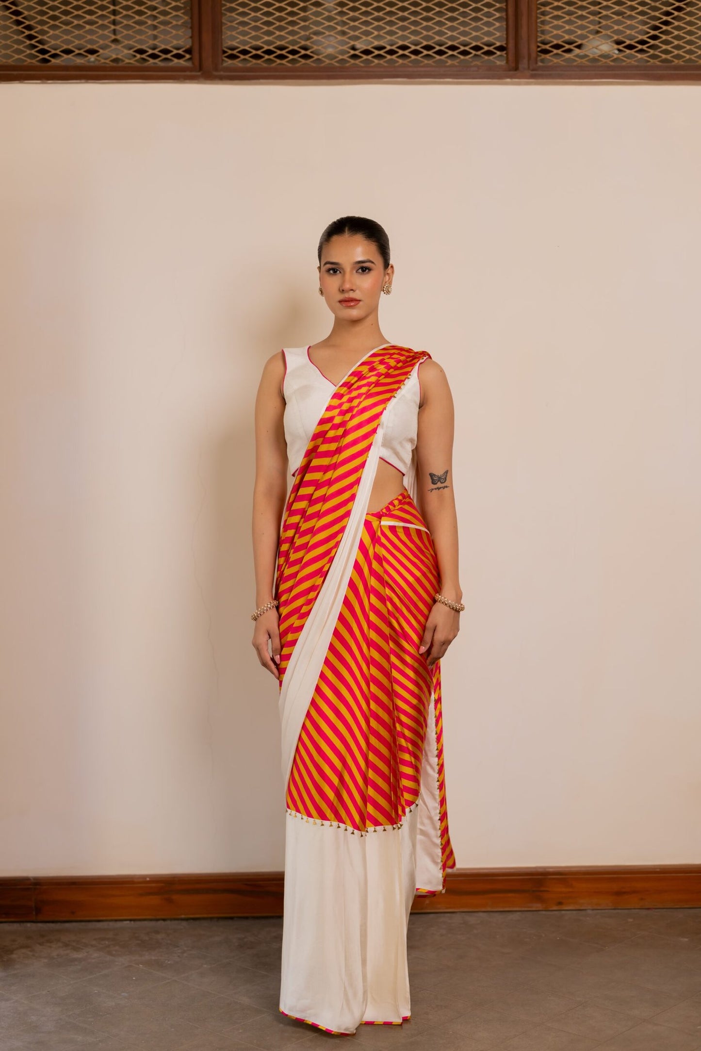 Akshara Orange & Red Printed Pre-Draped Saree Set