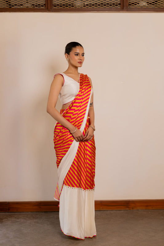 Akshara Orange & Red Printed Pre-Draped Saree Set