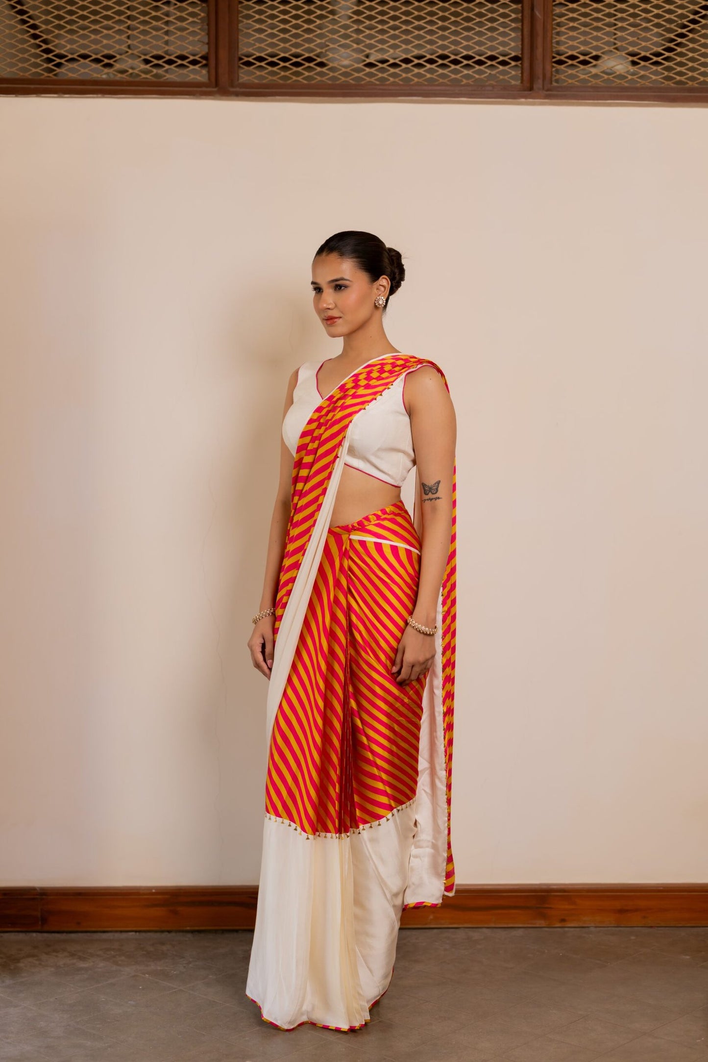 Akshara Orange & Red Printed Pre-Draped Saree Set
