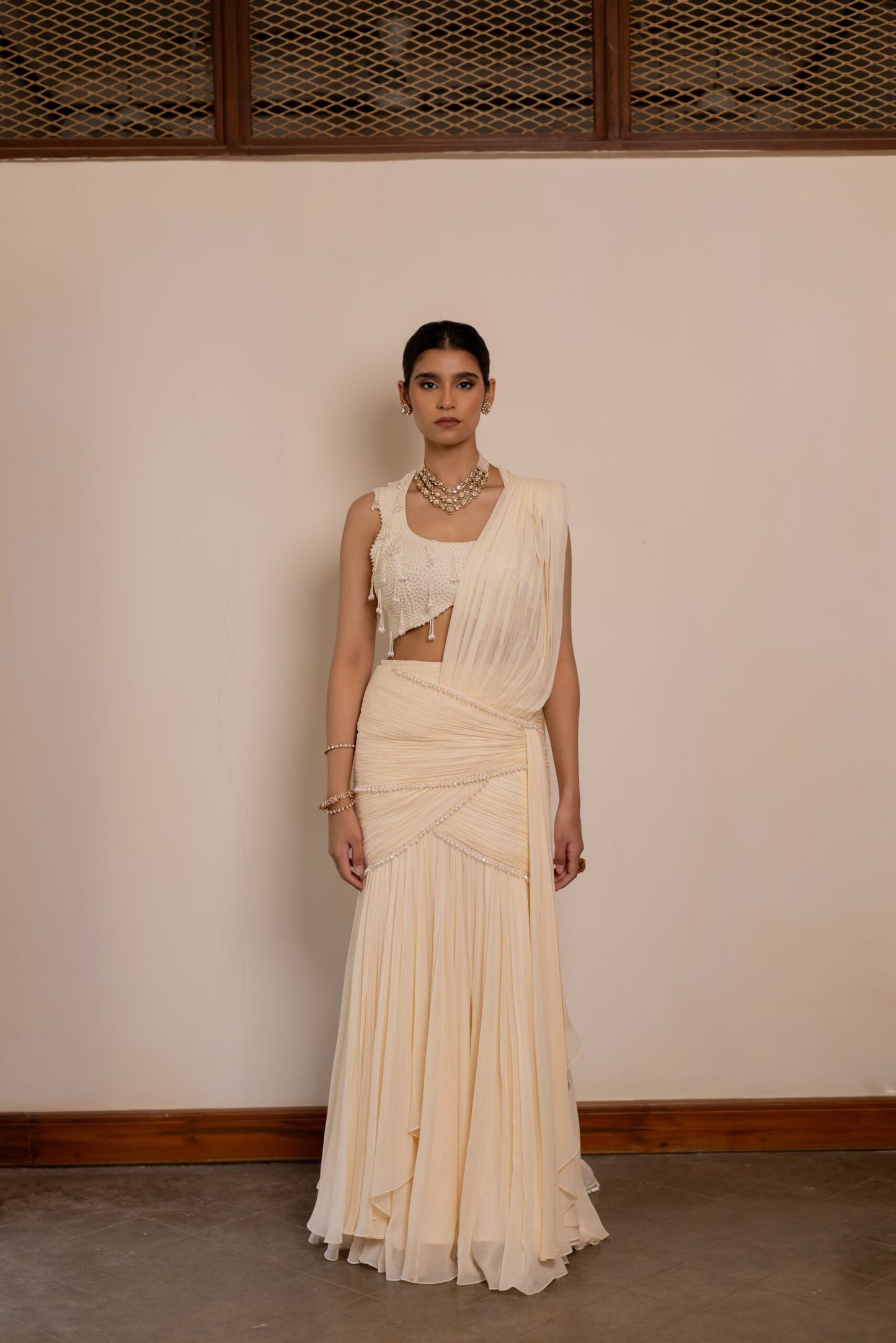 Aishwarya Ivory White Pre-Draped Saree with Pearl Embroidered Blouse