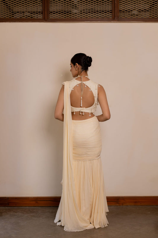 Aishwarya Ivory White Pre-Draped Saree with Pearl Embroidered Blouse