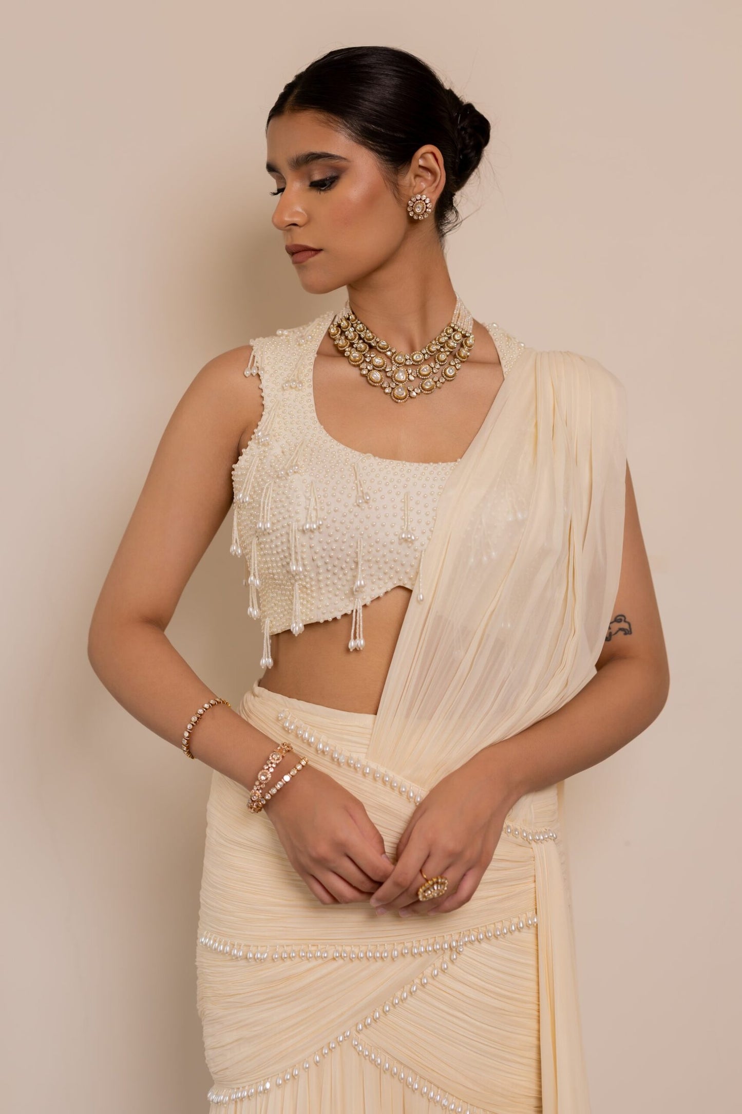 Aishwarya Ivory White Pre-Draped Saree with Pearl Embroidered Blouse