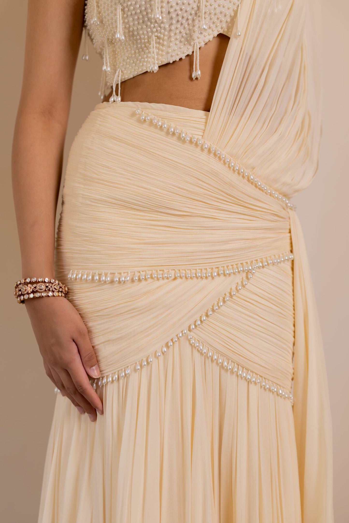 Aishwarya Ivory White Pre-Draped Saree with Pearl Embroidered Blouse