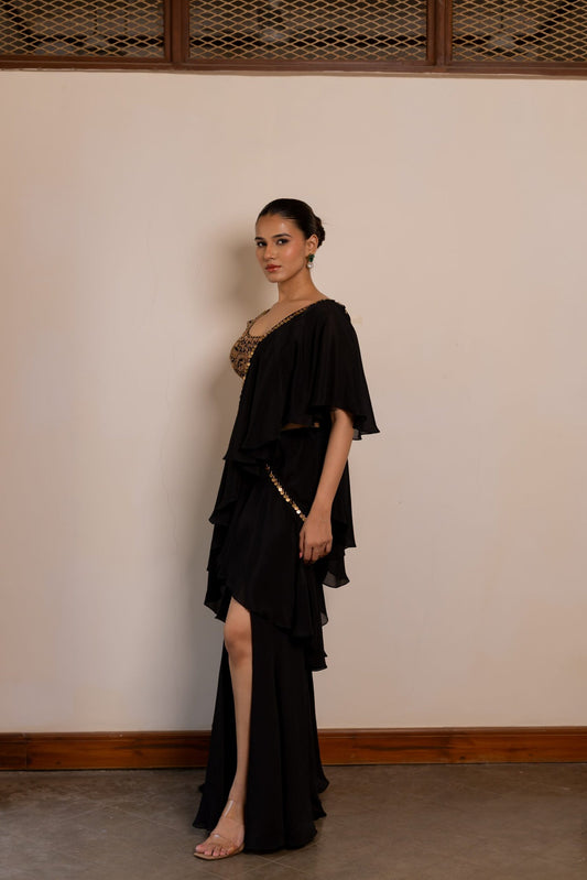 Nisha Black Embroidered Predrape Saree