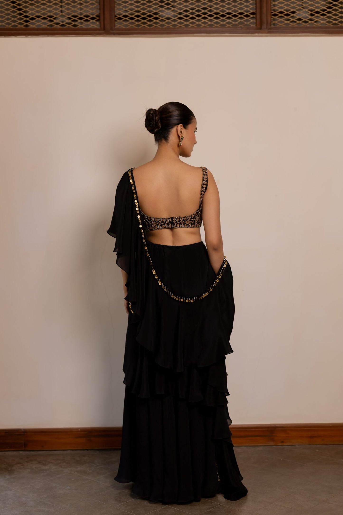 Nisha Black Embroidered Predrape Saree