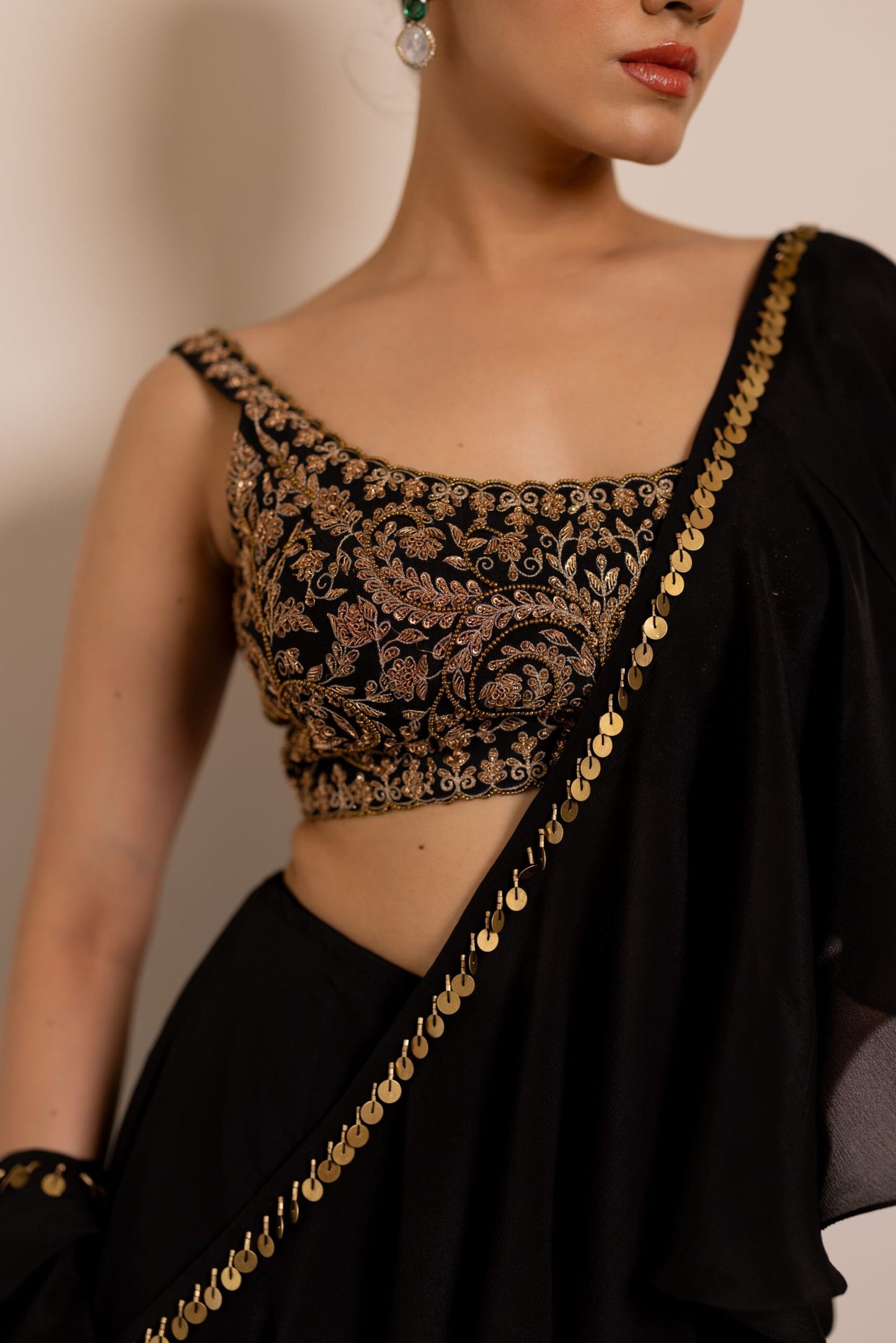 Nisha Black Embroidered Predrape Saree