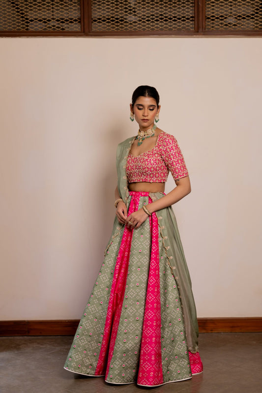Akshara Sage Green & Magenta Embroidered Lehenga Set