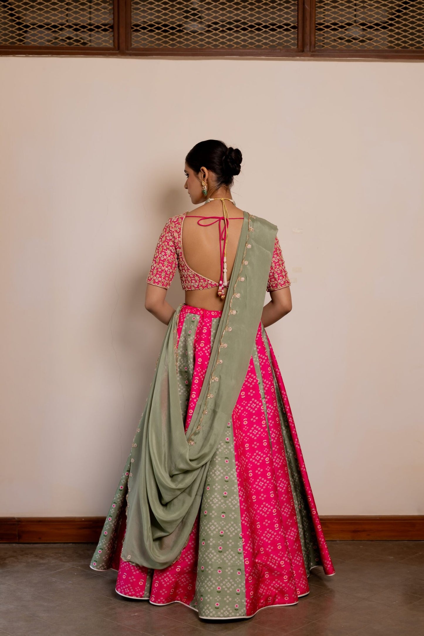 Akshara Sage Green & Magenta Embroidered Lehenga Set