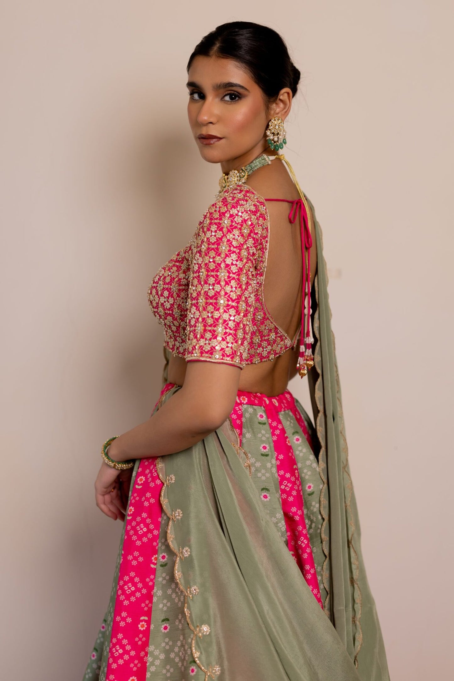 Akshara Sage Green & Magenta Embroidered Lehenga Set