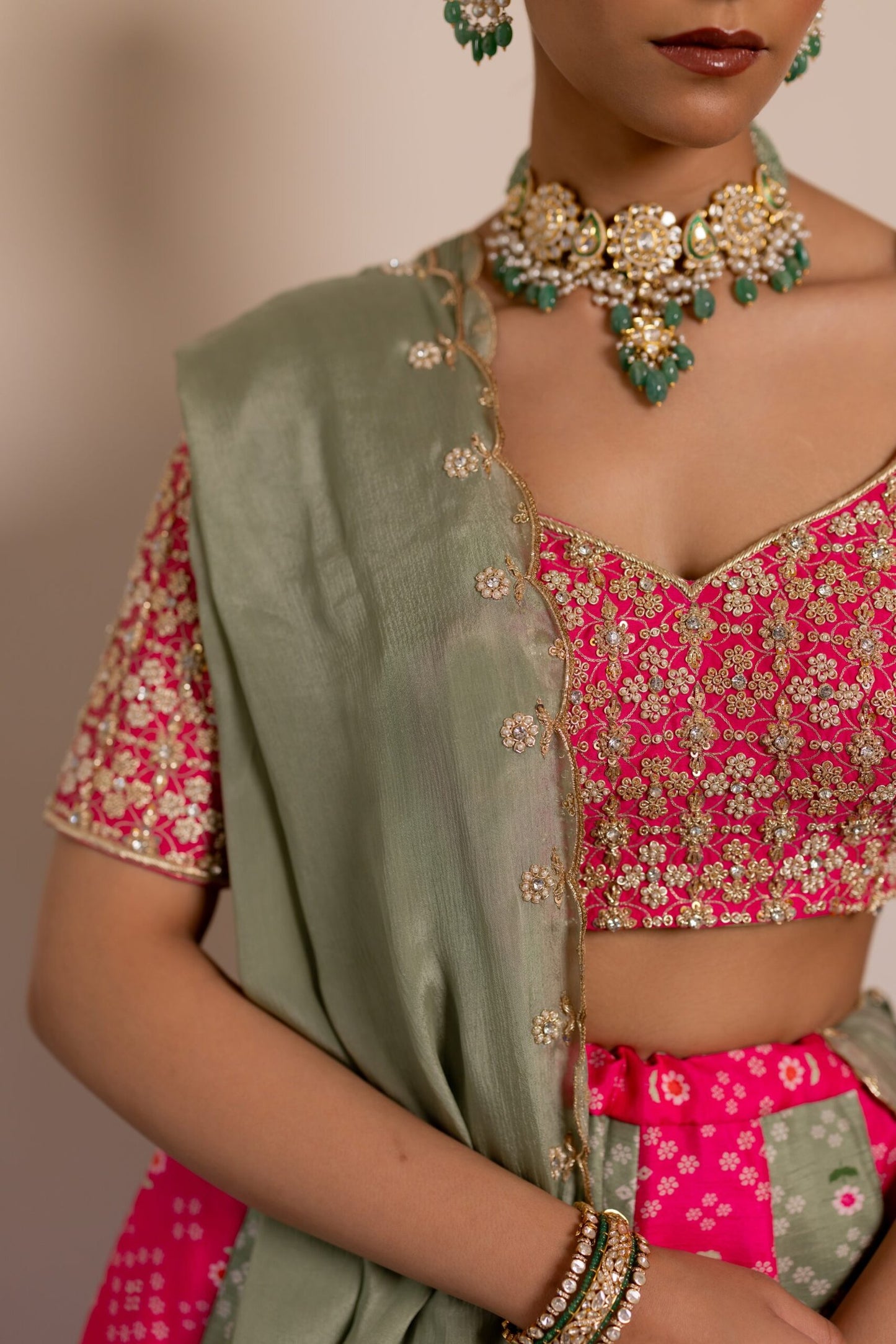 Akshara Sage Green & Magenta Embroidered Lehenga Set