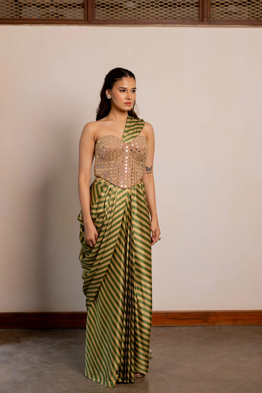 Nayra Green & Gold Pre-Draped Saree Set with Embroidered Corset Blouse