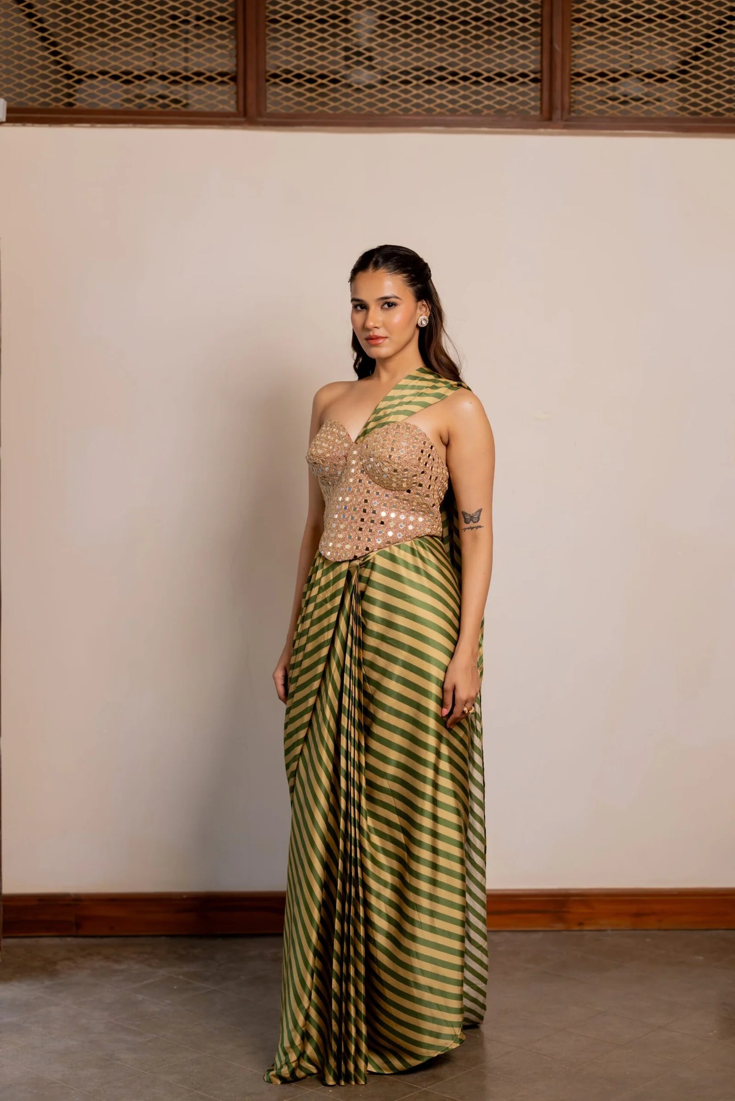 Nayra Green & Gold Pre-Draped Saree Set with Embroidered Corset Blouse