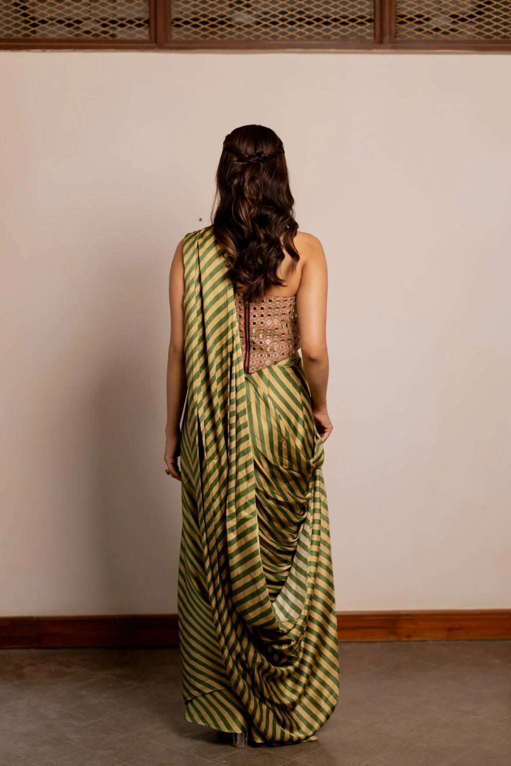 Nayra Green & Gold Pre-Draped Saree Set with Embroidered Corset Blouse