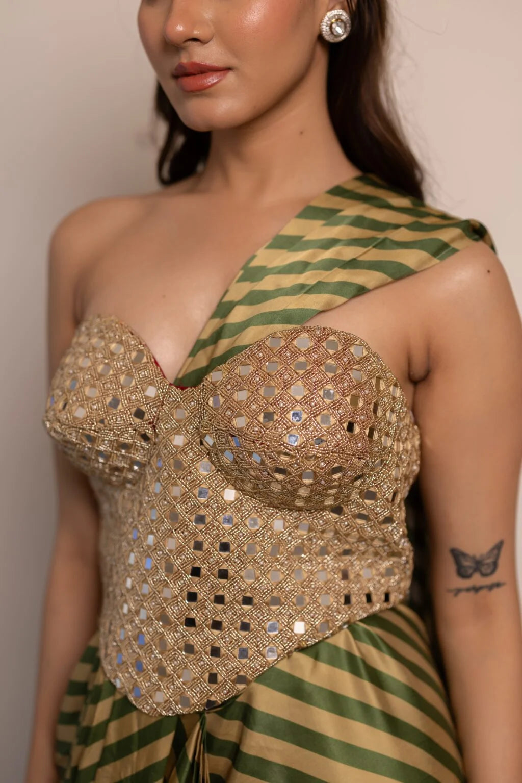 Nayra Green & Gold Pre-Draped Saree Set with Embroidered Corset Blouse