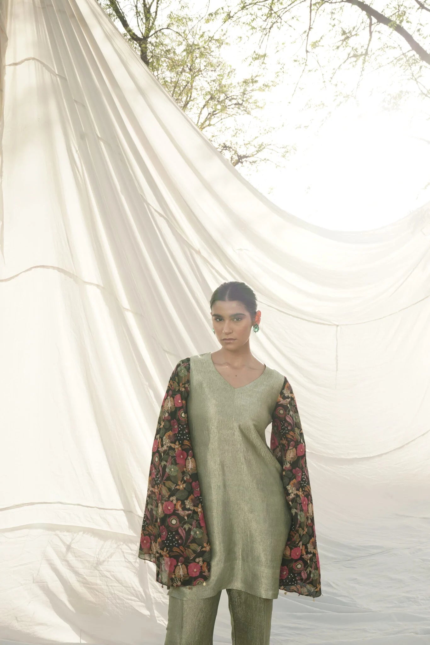 Helen Sage Green Short Kurta Set with Embroidered sleeves