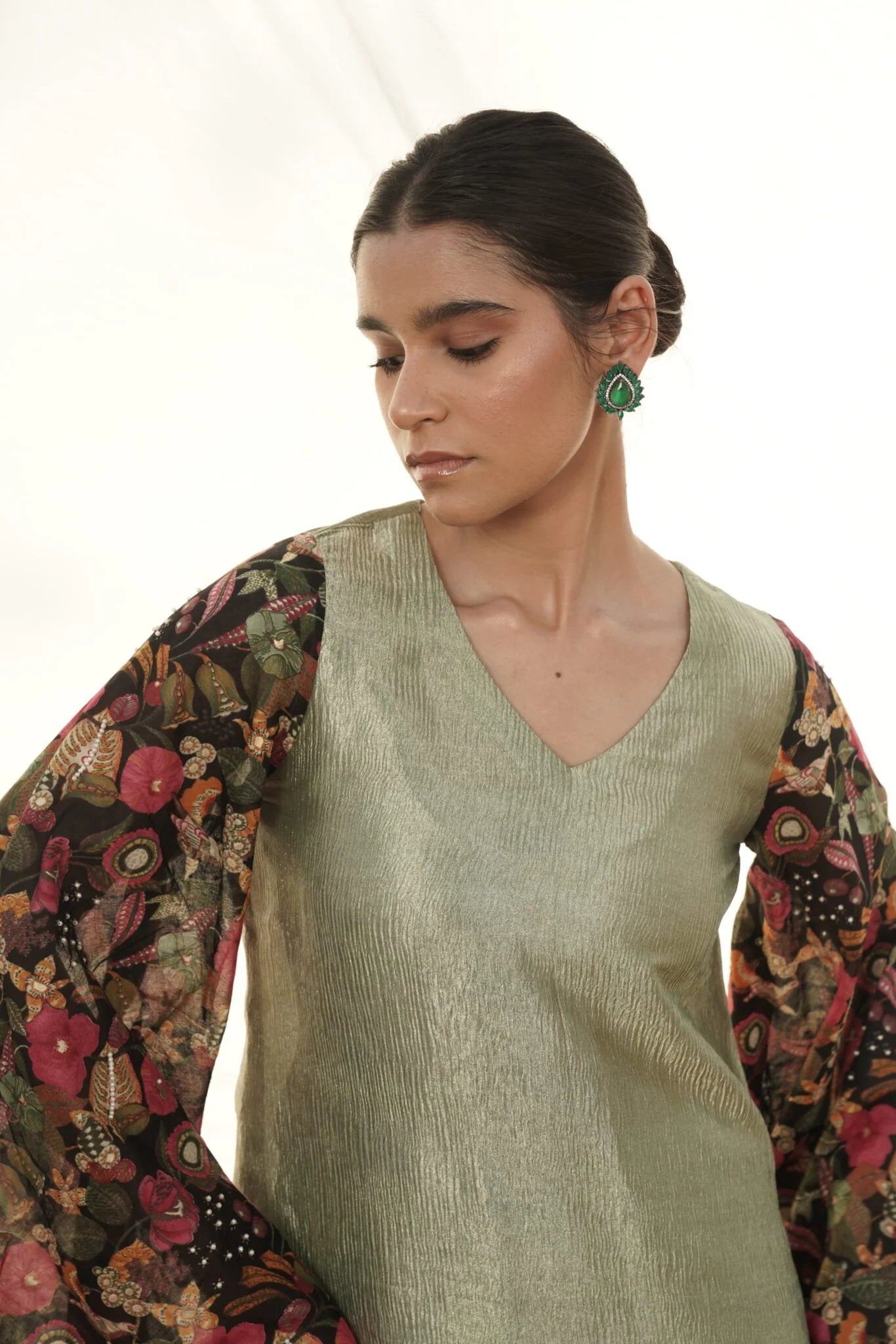 Helen Sage Green Short Kurta Set with Embroidered sleeves
