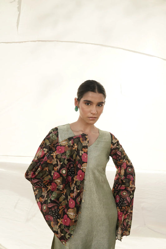 Helen Sage Green Short Kurta Set with Embroidered sleeves